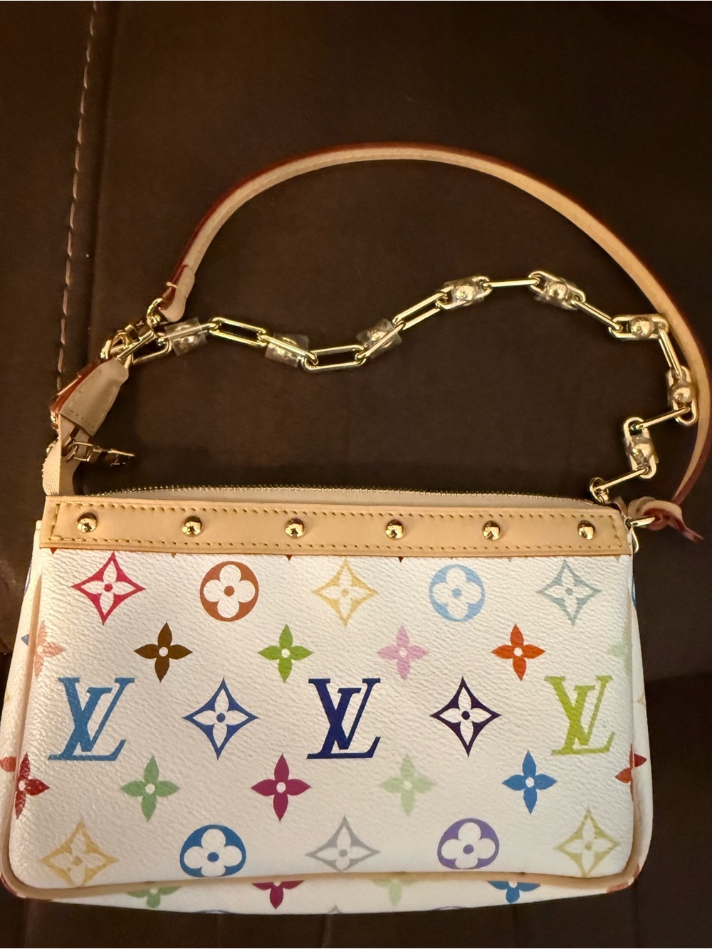 Louis Vuitton White Multicolor Monogram Mini Pochette with Gold Hardware